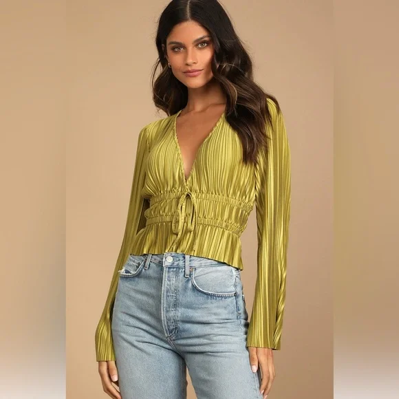 Staying Optimistic Chartreuse Pleated Bell Sleeve Top - Picture 2 of 4